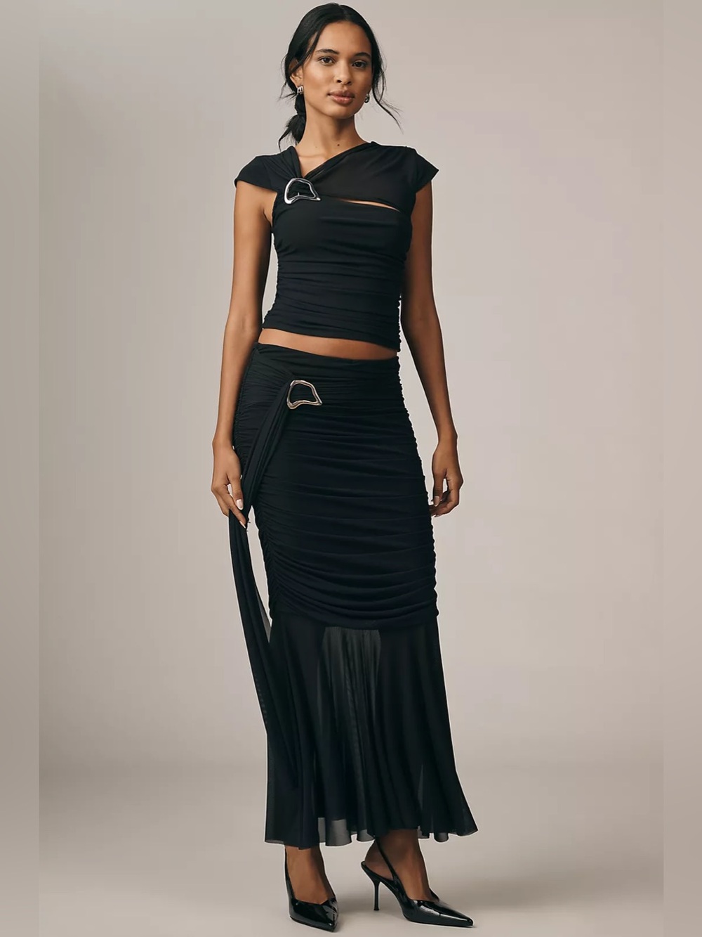 NWT Anthropologie Ruched Sash Mermaid Maxi Skirt in Black Size Small